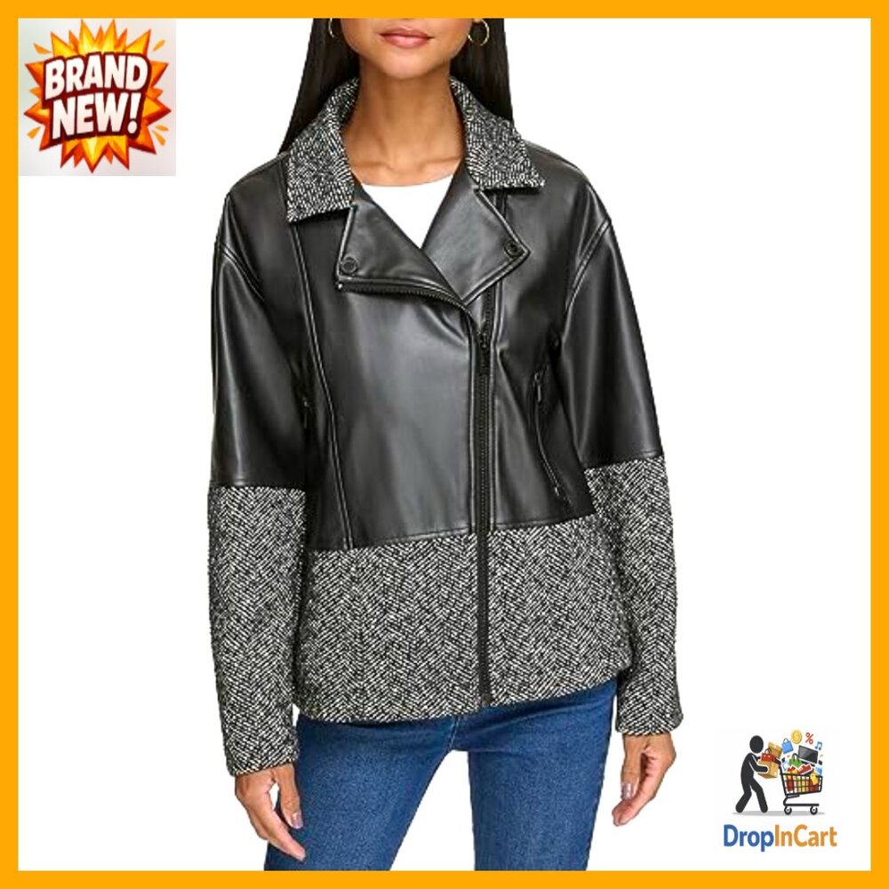 Mix Tweed Bomber Jacket Long Sleeve Aviator Silhouette Classic Chic Fall - Picture 2 of 5